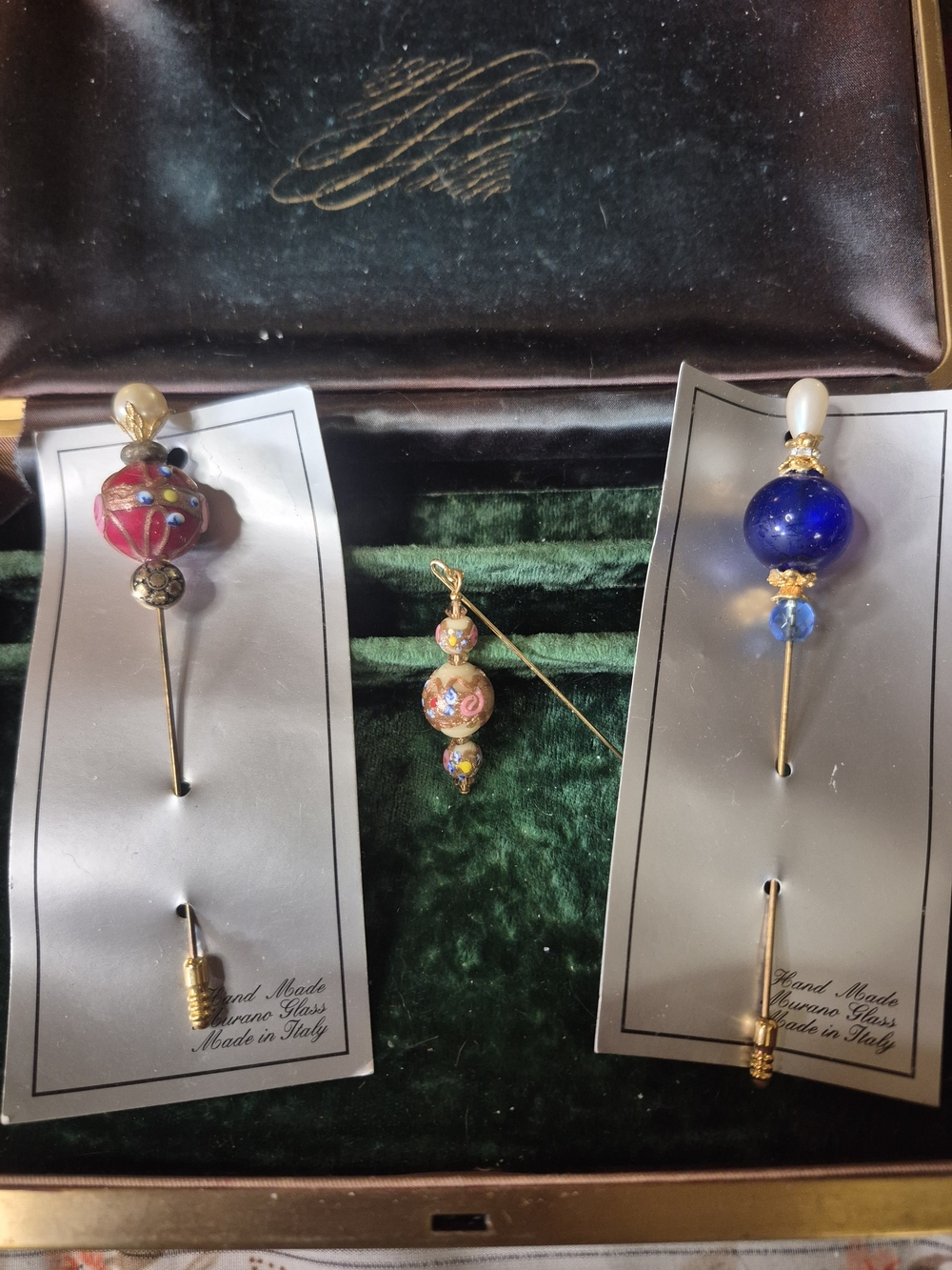 Handmade Murano Glass Stick Pin Set - Blue & Pink